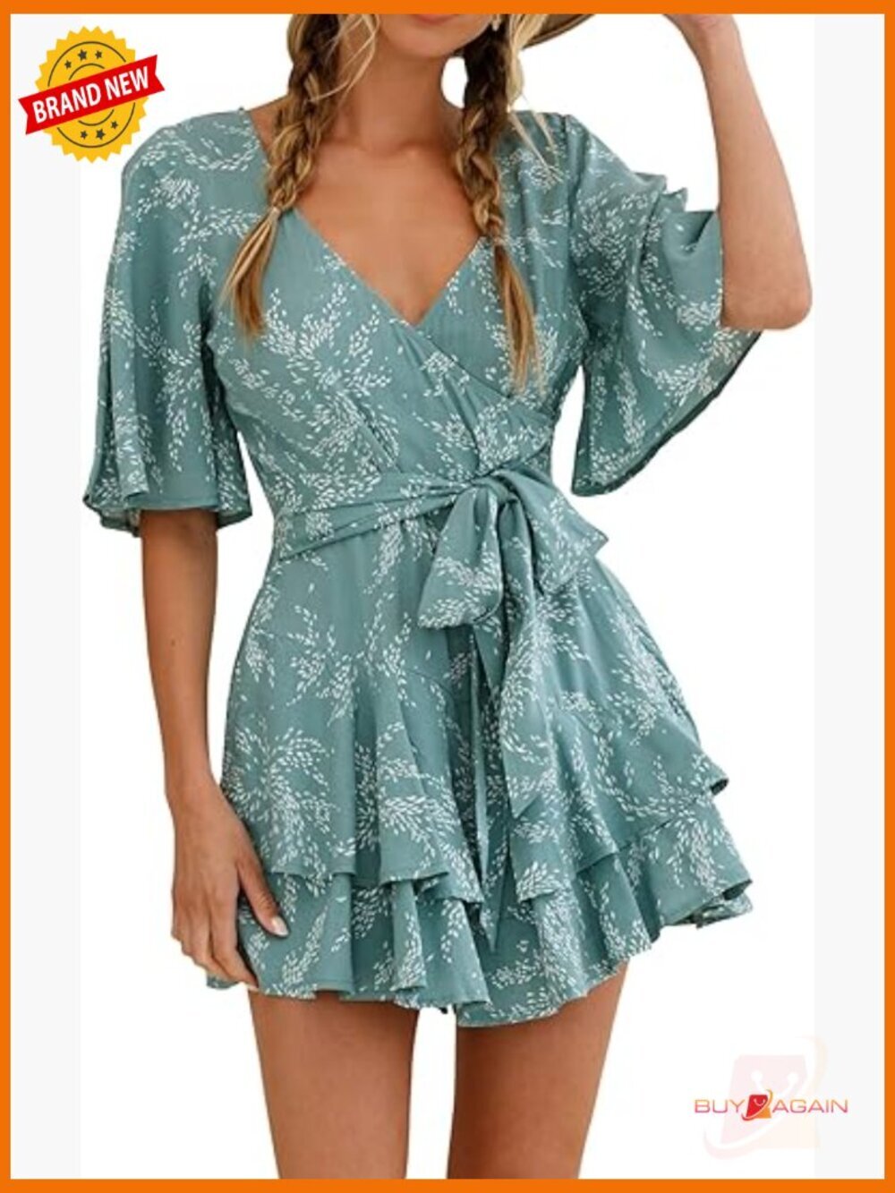 Women's Floral Print Romper with Ruffle Hem and Short Sleeves